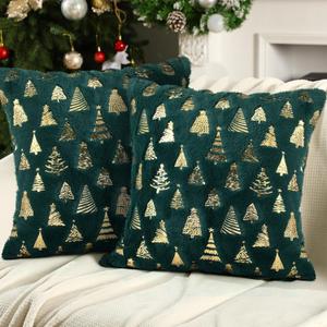 Amyhill Christmas Pillow Covers 18 x 18'' Set of 2 Double Sided Christmas Tree Pillow Cover Soft Plush Faux Fur Pillowcases for Couch Living Room Bed(Dark Green)