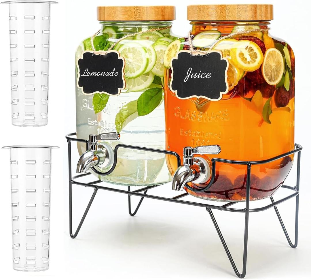 1 Gallon Glass Drink Dispenser with Bamboo Lid, 2 Pack Beverage Dispenser with Stand, Drink Machine for Lemonade, Iced drinks, Kombucha Dispenser for Parties, Weddings (Double, with Stand)