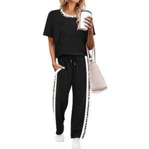 WIHOLL 2 Piece Lounge Sets for Women Matching Set Summer Outfits Short Sleeve Tops Wide Leg Pants with Pockets (X-Large, Black/Leopard)