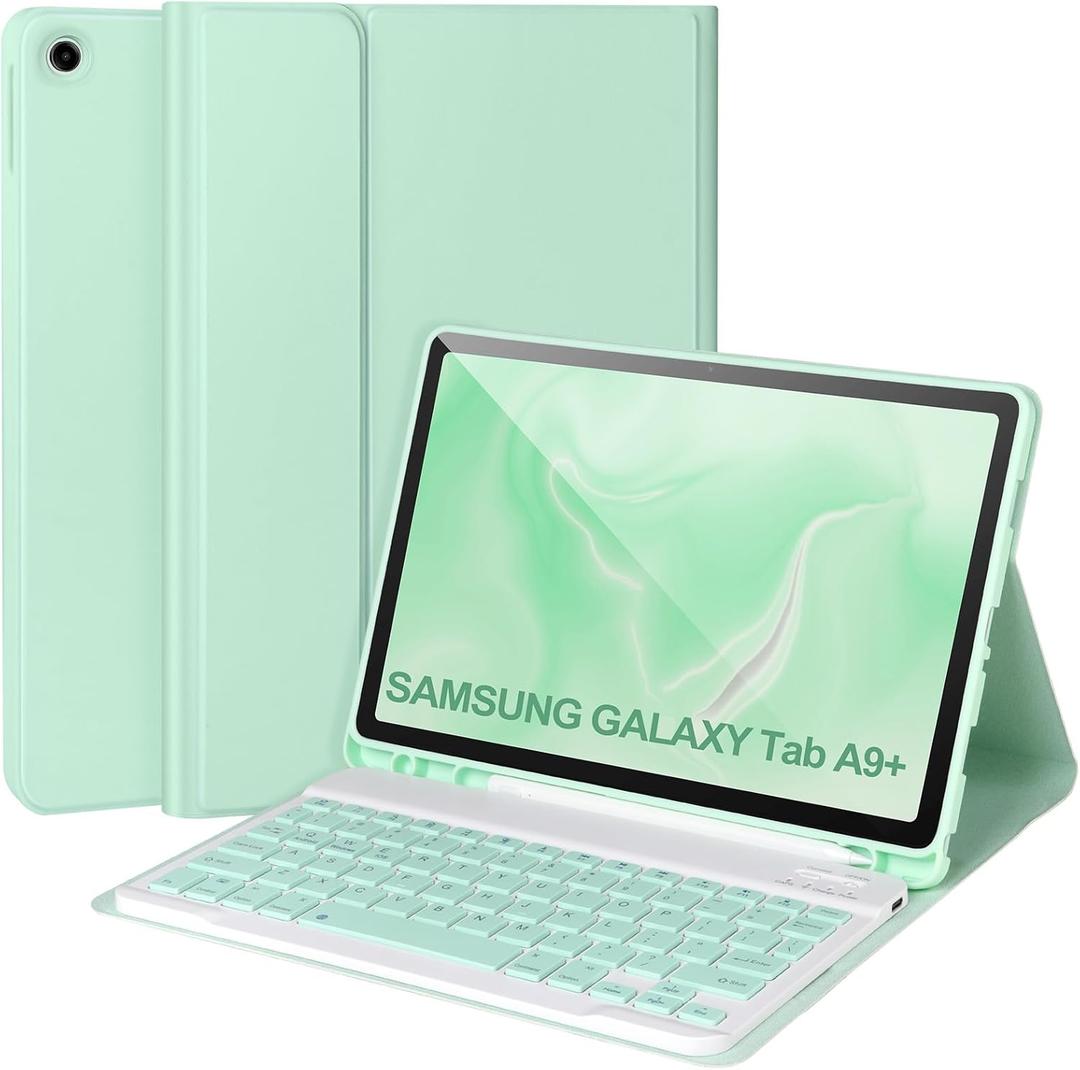 Keyboard Case for Samsung Galaxy Tab A9+/Plus 11 2023(SM-X210/X216/X218),Case with Keyboard for Samsung Tab A9+ with S Pen Holder,Detachable Bluetooth Keyboard for Galaxy A9 Auto Wake/Sleep,Green