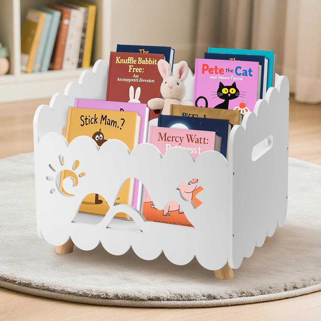 Calmbee Wooden Kids Bookshelf with 2 Adjustable Dividers, Montessori Bookshelf with Animal Carvings for Nursey Room Classroom Playroom, Toy Storage Oragnzier, for Your Babys Bedroom, White