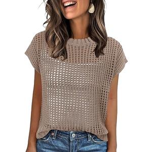 ANRABESS Womens Tops 2025 Trendy Summer Shirts Crochet Cap Sleeve Knitted Sweater Beach Vacation Clothes Fall Fashion Outfits( Khaki, Smal)l