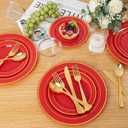 WDF Partyware 350Pieces Red Plastic Plates with Gold Rim Include 50Dinner Plate 10inch 50Dessert Plate 7inch 50 gold Cups 9 OZ, 50 Pre Rolled Napkins for Party/Baby Shower/Wedding/Spring/Mother's Day