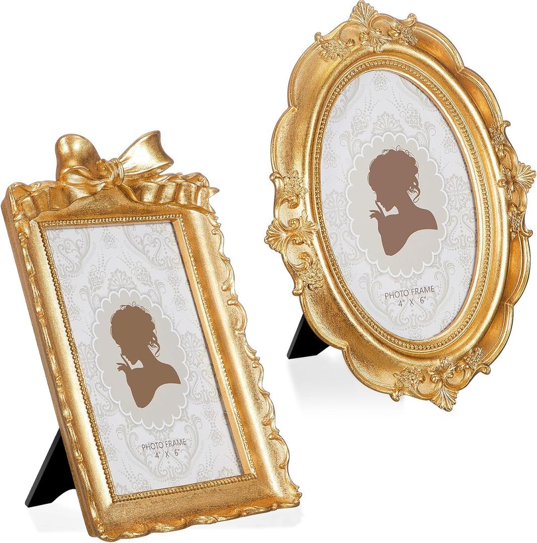 Qunclay 2 Pcs 4 x 6 Inches Vintage Picture Frames Antique Baroque Ornate Resin Rectangle Oval Photo Frames with Glass Front Tabletop and Wall Decor for Home Wedding Christmas Party Decor(Gold)