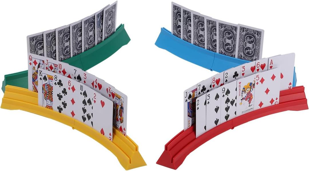 4 Pack Card Holders for Playing Cards, Double Layered Stackable Storage Game Card Tray for Arthritis Patients -Playing Card Rack for Kids Adults Seniors(4 Colors)