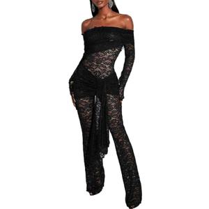 Mandonce Sexy Dresses for Women One Piece Long Sleeve Jumpsuit Lace See Through One Shoulder Neck Floral Strappy Waist Romper, Medium