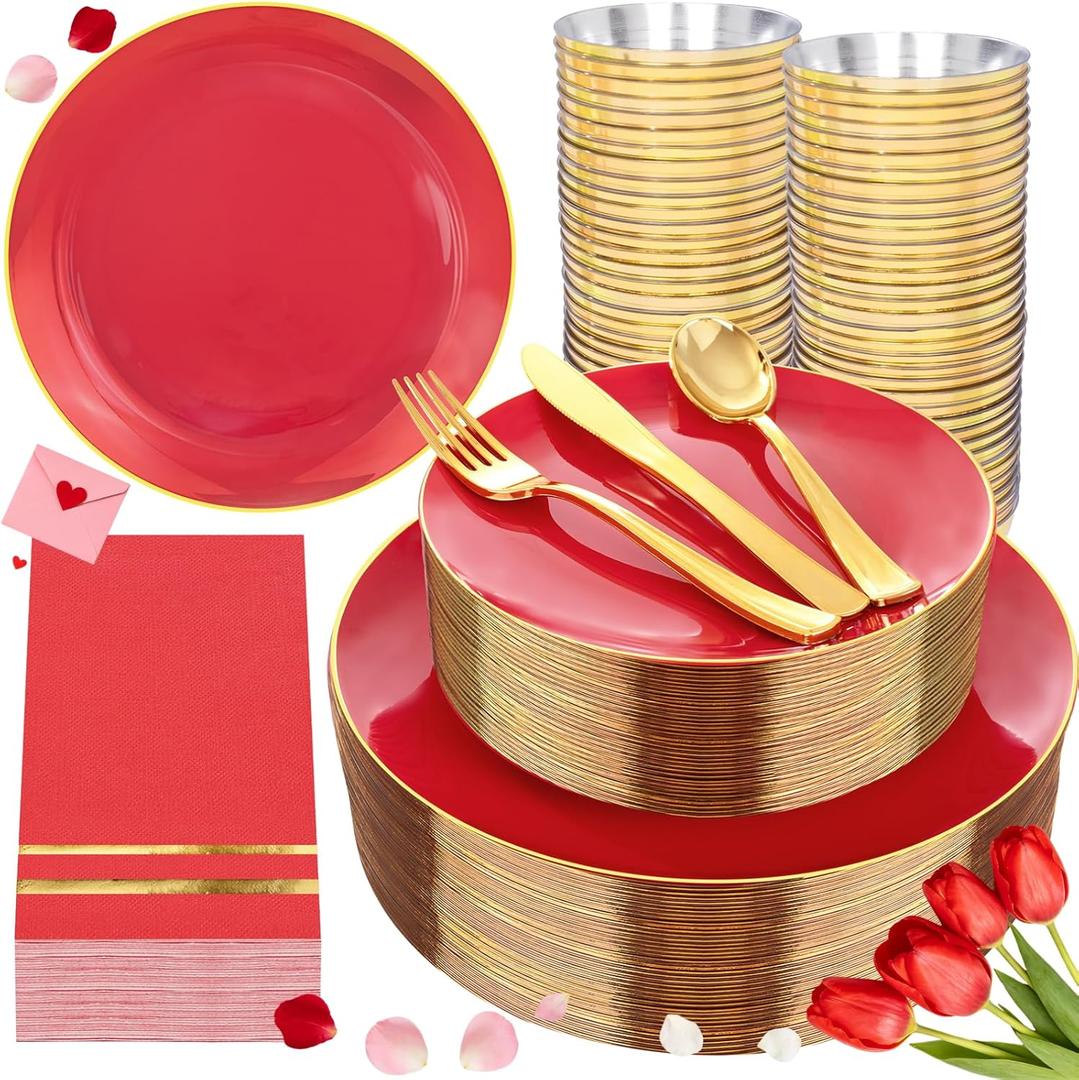 NOCCUR 350PCS Red Plastic Plates - Disposable Red Gold Dinnerware Set for 50 Guests, 100 Dinner/Dessert Plates, 150 Gold Silverware, 50 Cups&50 Napkins for Party/Wedding/Mother's Day