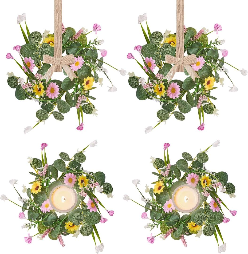 4Pcs Eucalyptus Wreath with Ribbon, 11.8" Mini Wreaths for Cabinets