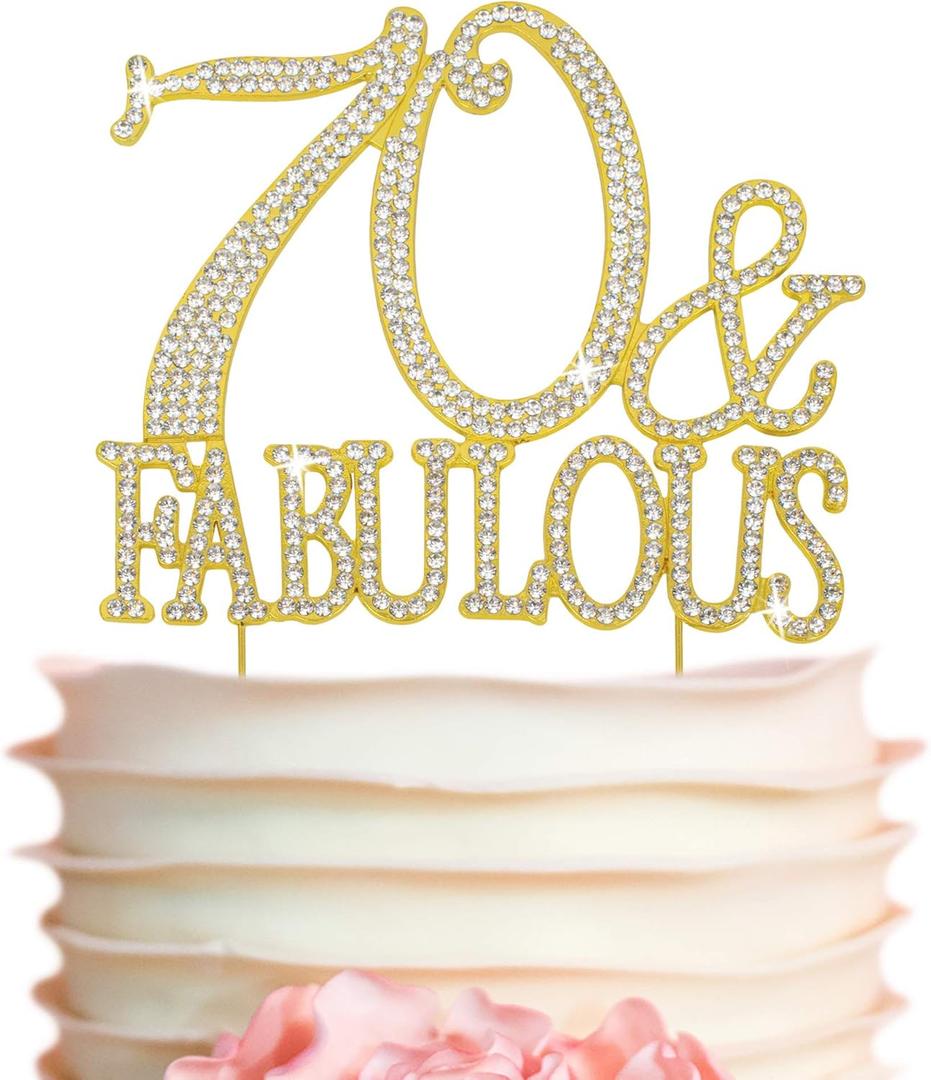 70 Cake Topper - Premium Gold Metal - 70 and Fabulous - 70th Birthday Party Sparkly Rhinestone Decoration Makes a Great Centerpiece - Now Protected in a Box