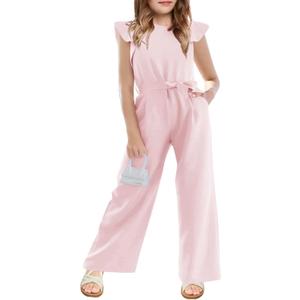 Girls Jumpsuit Kids Fashion Cap Sleeve Belted Wide Leg Romper Dressy One Piece Outfits with Pockets, 9-10 Years, Pink