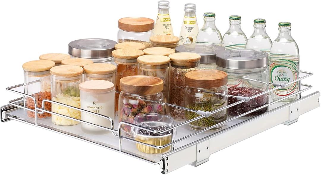 VEVOR 15.5" Wx21 Dx3.5 H Pull Out Cabinet Organizer, Heavy Duty Slide Out Pantry Shelves, Chrome-Plated Steel Roll Out Drawers, Storage for Home Under Sink, 17" Wx22 Dx7 H Install Size for Cabinet