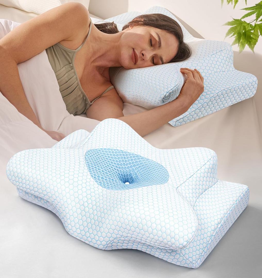 Dream Without Pain Cervical Neck Pillow for Sleeping, Ergonomic Side Sleeper Pillows for Adults, Cooling Orthopedic Pillow for Neck Relief Support, Memory Foam Pillows Back Stomach Sleepers (Standard, Blue)