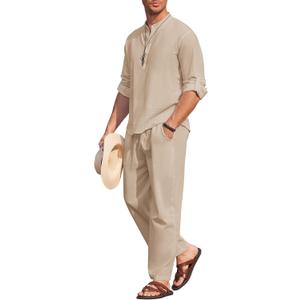 COOFANDY Men's 2 Pieces Cotton Linen Set Long Sleeve Henley Shirts Casual Beach Pants With Pockets Summer Yoga Outfits (Large, Light Khaki)
