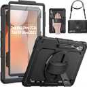 SEYMAC for Samsung Galaxy Tab S10 Ultra 2024/ S9 Ultra/ S8 Ultra Case 14.6 Inch, Heavy Duty Shockproof Protective Case with Screen Protector, Stand, Hand/Shoulder Strap and Pen Holder, Black