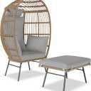 Hipicute Wicker Egg Chair Outdoor with Ottoman, Oversized Rattan Patio Lounge Chairs with Thick Cushion for Backyard Living Room, 440LBs Egg-Shape Lounge Chair w/Steel Frame for Indoor/Outdoor, Grey