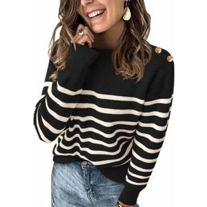 KIRUNDO Women's Striped Sweaters 2024 Fall Winter Outfits Crewneck Ribbed Knit Pullover Trendy Tops with Metal Buttons (Black,Small)