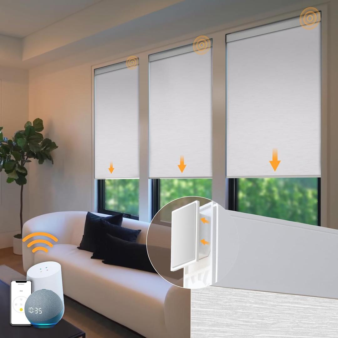 Motorized Blinds No Drill Automatic Roller Shades with Remote Control Smart Electric Window Blinds (White, 35 x 72)