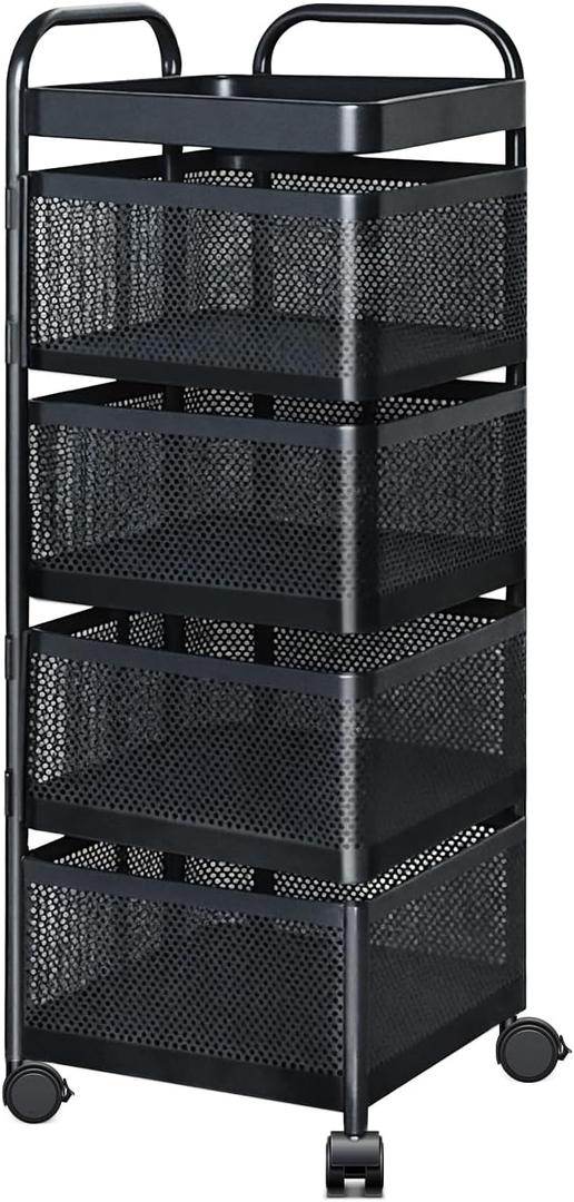 TAGEPOR Rotating Kitchen Storage Rack, 4 Tier Rolling Cart with Fruit and Vegetable Basket, Black Storage Organization Dolly Cart with Wheels for Bathroom, Kitchen and Bedroom