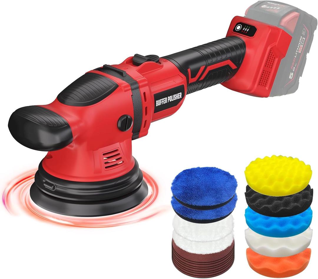 VERVEWAVE Cordless Buffer Polisher Kit for Milwaukee 18V/M18 Battery (No Battery), 6-Inch Orbital Car Polisher 6 Speed 18005500 RPM, 17PCS Polishing Accessories, for Car Polishing/Waxing (Tool Only) (Red)