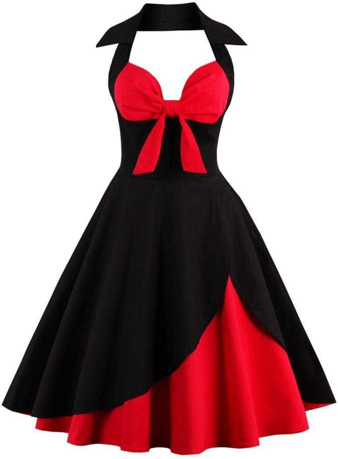 Women Vintage Polka Dot 1950s Rockabilly Halter Audrey Dress Retro Floral Evening Cocktail Swing Dress (XL)