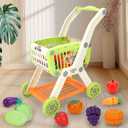 Kids Shopping Cart with Cutting Play Food Set for Kid Kitchen, 2 in 1 Shopping Cart for Kids Grocery Store Pretend Play Kitchen Accessories Sorting Food Bucket Learning Toys Gift for Toddler 3-5