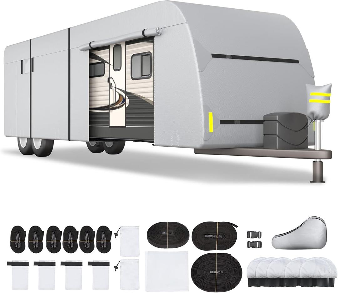 YOLENY 20'-22' Travel Trailer RV Cover, 300D Windproof Rip-Resistant Anti-UV Camper Cover with Jack Cover Storage Bag Repair Patches and Tire Covers