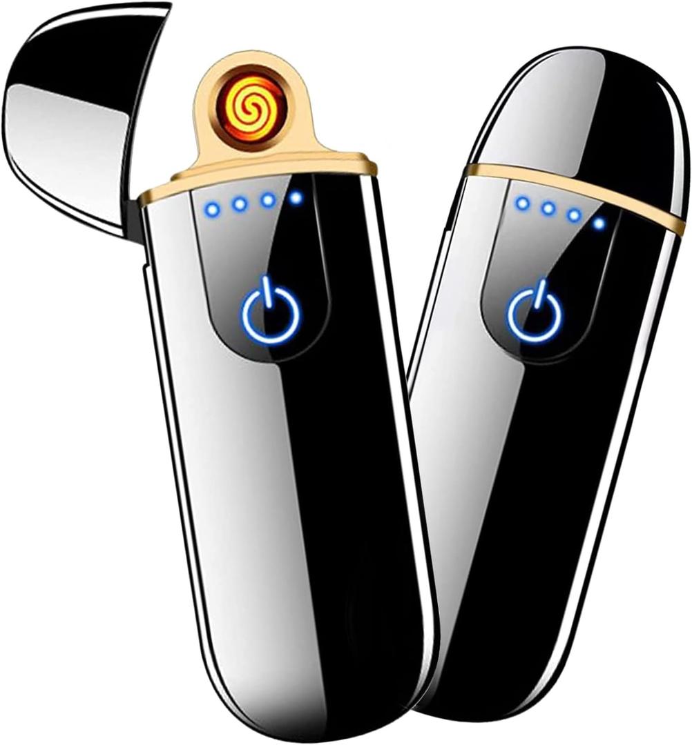 Electronic USB Rechargeable Lighter - Smart Mini Touch Ignition Windproof Flameless Plasma Lighter With Battery Indicator for Men Father Gifts (Pure Black)