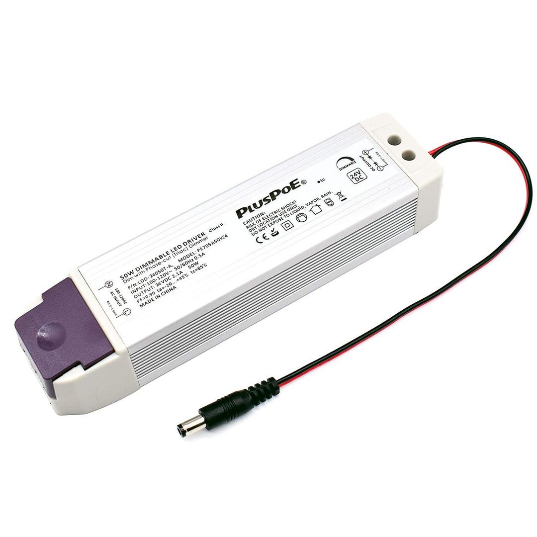 24V Dimmable LED Driver, 50W Triac ELV/MLV LED Transformer Electric Power Supply, 0-100% Dimming, Compatible with Lutron, Leviton Dimmers for 24Volt LED Strips Cabinet Lighting.