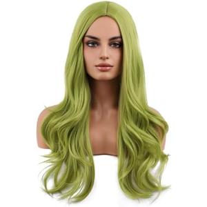 MAGQOO Green Wig for Women Long Curly Wavy Green Wigs Middle Part Synthetic Heat Resistant Fiber Halloween Cosplay Costume Daily Party Use