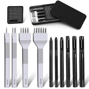 Leather Stitching Punch Hole Punch Tool Set, 4mm 1/2/4/6 Prong Punch Chisel, Round Hole Punch for Belt, Watch Band, Leather Strap DIY Crafts