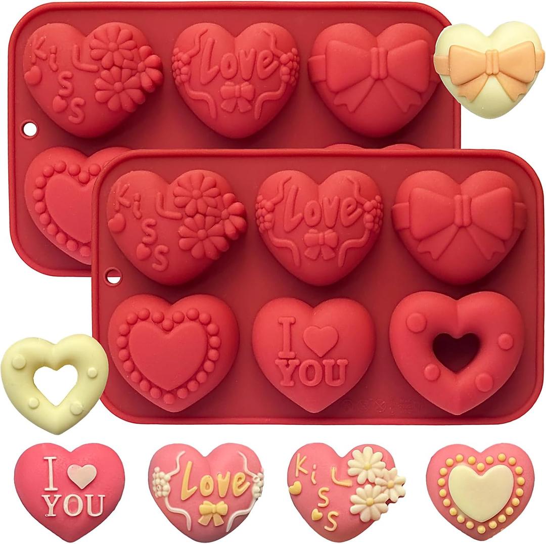 2 Pack Silicone Heart Mold, 6 Unique Valentine's Day Heart Chocolate Molds,Heart Shapes Silicone Baking Mold for Cake Chocolate Mousse, Food Grade Non-Stick Flexible Mold Oven Safe