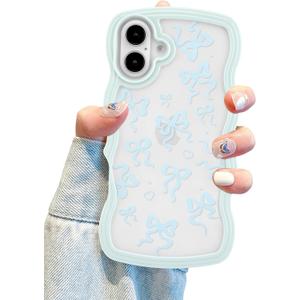 Aitipy for iPhone 16 Plus Case, Wavy Frame Cute Ribbon Bowknot Pattern Aesthetic Transparent Back Soft TPU Shockproof Phone Case for Women Girls, Blue