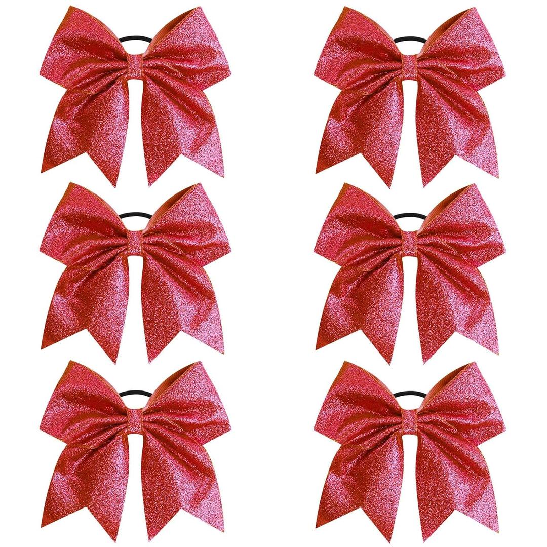 Oaoleer 6PCS 7" Large Glitter Cheer Hair Bows Ponytail Holder Elastic Band Handmade for Cheerleading Teen Girls College Sports (Glitter Red 6PCS)