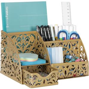 EasyPAG Pen Holder Desk Organizer with Drawer Pencil Cup for Desk 6 Compartments Metal Office Caddy Storage with Sticky Notes Holder for School Home Office, Gold