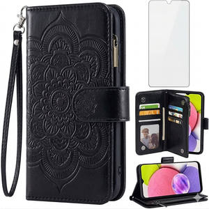 Asuwish Phone Case for Samsung Galaxy A03s US Version 5G 2022 Wallet Cover and Tempered Glass Screen Protector Leather Flip Credit Card Holder Stand Cell Ao3s A 03s SM-A037U SM A037U Women Men Black