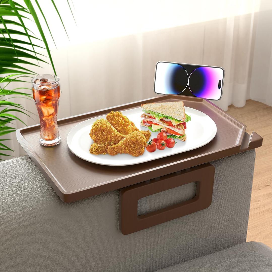 Smatdecis Couch Arm Tray Table Sofa Arm Clip, Armrest Tray Table Suitable for Home Drinks/Fast Food/Fruit Etc, Large Size Multi-Function Brown(Dual Phone/Tablet Holder) (13x9.4"(Upgrade), Brown)