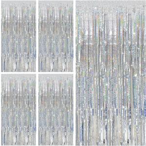 Tinsel Curtain Party Backdrop Silver Birthday Party Decorations 5 Packs Glitter Foil Fringe Curtain Party Decor Streamers Photo Booth for Birthday Christmas Wedding Halloween Graduation Decorations
