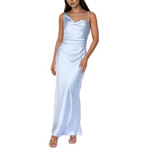 Summer Satin Maxi Dresses for Women 2025 Cowl Neck Ruched Silk Formal Wedding Guest Bridesmaid Slip Dress with Slit,Blue  XL