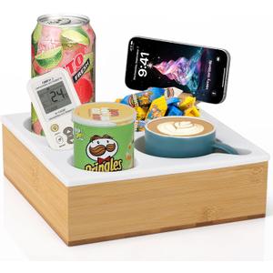 Couch Cup Holder Tray,Handy Silicone Bamboo Couch Caddy with Rotatable Phone Holder for Bed Car Seat Organizer, Waterproof Anti-Spill Sofa Cup Holder for Snacks Beverage Remote (White)