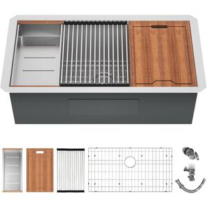 30-Inch Undermount Kitchen Sink - Stainless Steel Single Bowl Workstation With Ledge, 16 Gauge, Single Bowl Kitchen Sink with Accessories (30 x 19 x 10 Inch)