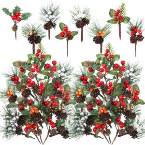Panelee 48 Pcs Artificial Pine Picks - Christmas Picks for Crafts, Floral, Pine Cones, Sprays, Wreath & Berry Stem Bulk for Xmas Tree & Winter Holiday