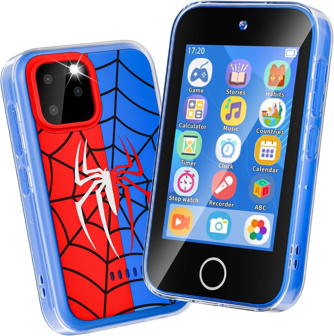 Kids Phone 3.5" Touchscreen, Pretend Smartphone with Dual Camera, Spider Toy Phone for Boys 3-8, Learning ABC & Habit Tracker, Birthday