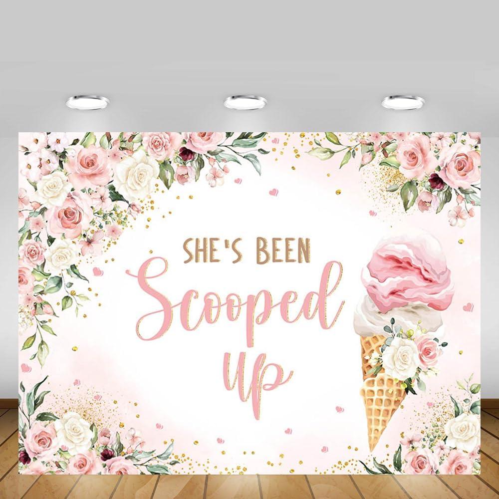 MEHOFOND Ice Cream Bridal Shower Backdrop She's Been Scooped Up Pink Floral Bridal Shower Background Summer Couple Wedding Bride to Be Engagement Party Decorations Banner Photo Props 7x5ft