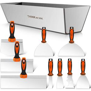 THINKWORK Drywall Knife Set, 10Pcs Drywall Tools Include Stainless Steel Putty Knife Set, Taping Knives, Painter Scraper, 14" Mud Pan and Scoop, Spackle Tool Kit for Joint Taping, Finishing, Patching