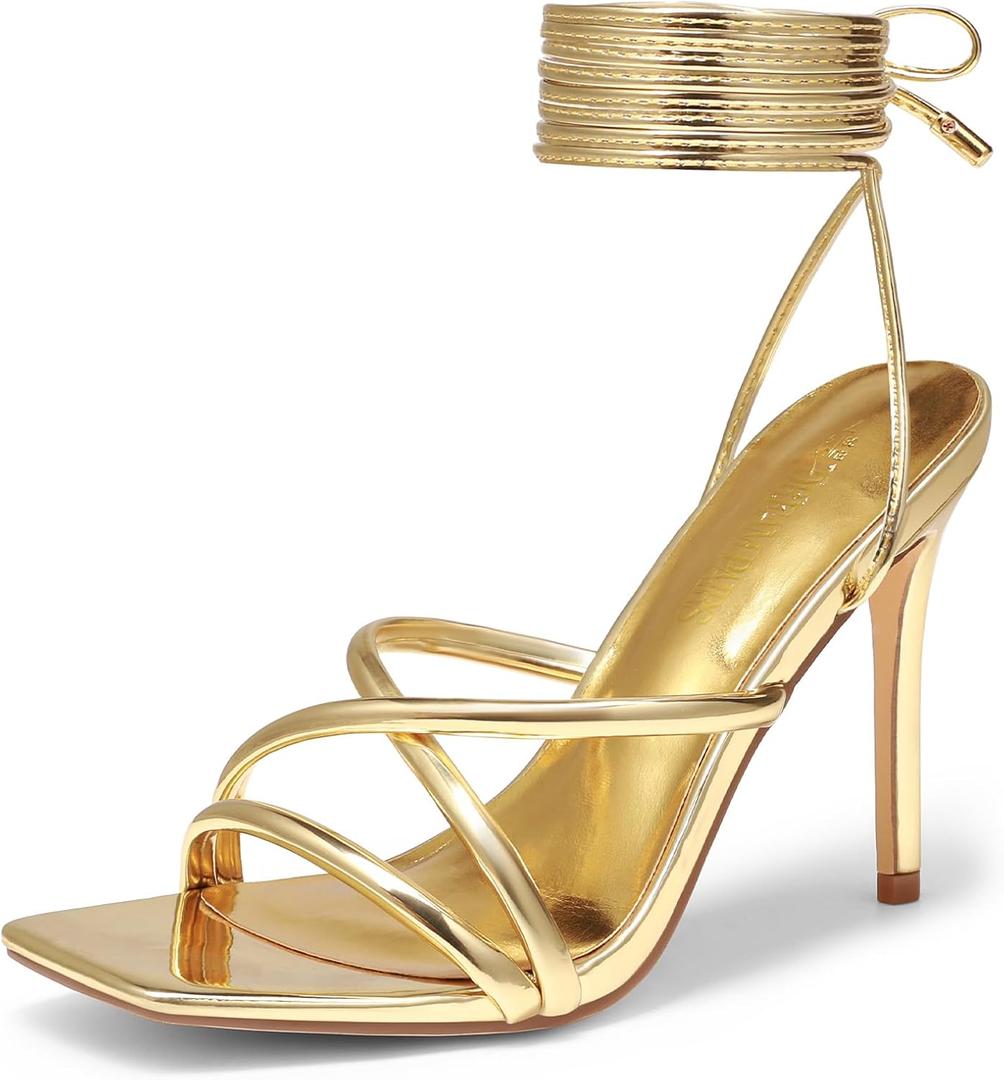 DREAM PAIRS Heels for Women Strappy High Stiletto Lace Up Heeled Sandals Square Open Toe Heels for Prom Party Dating (9.5, Gold-pu)