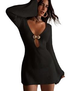 ZAFUL Womens Swimsuit Cover Up Dress Off Shoulder Hollow Coverup Bathing Suit Mesh Swim Beach Dress 9-Black M
