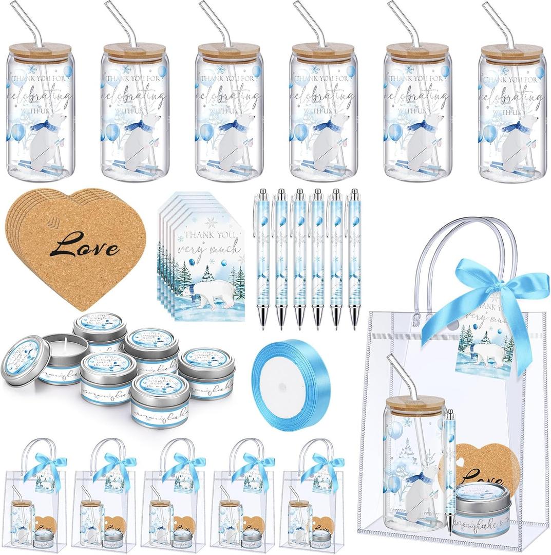 6 Sets Baby Shower Prizes for Game Players Blue Snowflake Baby Shower Winners Guest Gifts Candle Tumbler Coaster Pen Gift Bag Wedding Bridal Game Prizes Party Favors