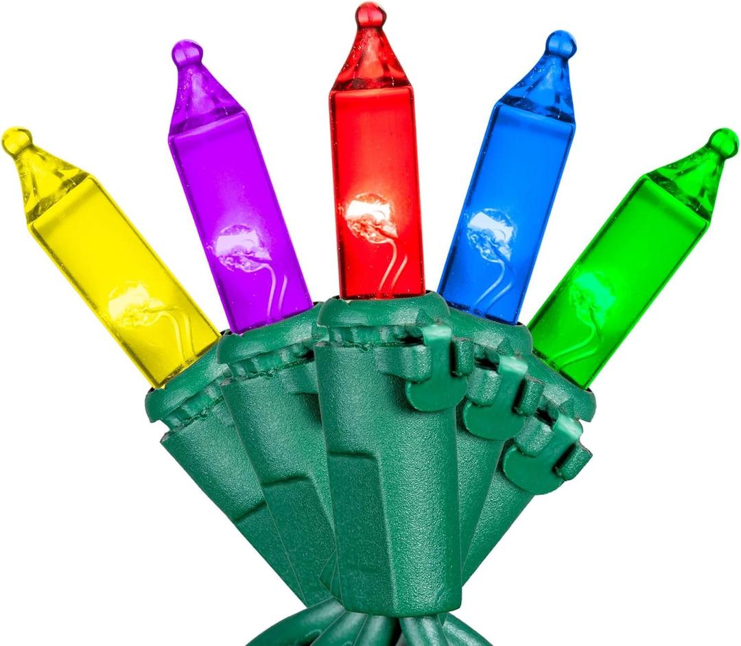 Novelty Lights RetroGlo LED Mini Lights, 100 Multicolor Bulbs on Green Wire, 50ft with 6" Spacing, Incandescent Look with Modern Efficiency, 2700K Warm White Core, Interchangeable Bulbs