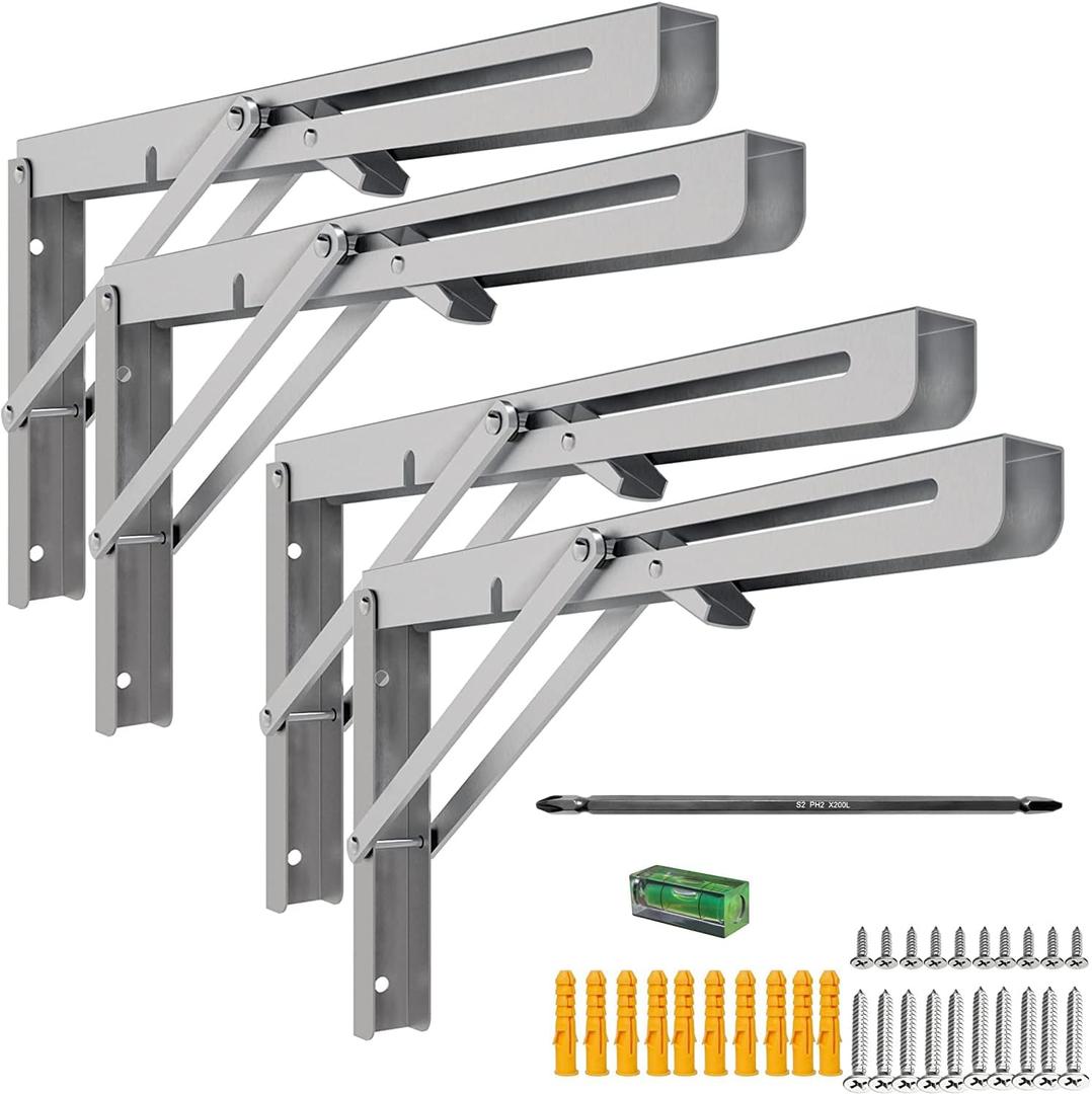 MySit 16" Folding Shelf Brackets 4 PCS, Max Load 550lb Heavy Duty Stainless Steel DIY Collapsible Wall Mounted L Shelf Bracket Space Saving for Table Work Bench