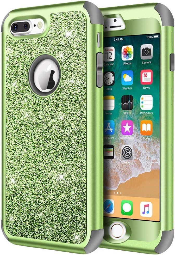 Hython Designed for iPhone 8 Plus, iPhone 7 Plus Case, Heavy Duty Defender Protective Bling Glitter Sparkle Hard Shell Hybrid Shockproof Rubber Bumper Cover, Green